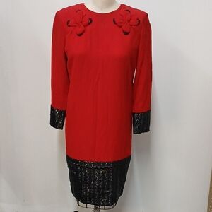 Vintage Nina Raynor Red Dress with Black Sequin and Bead Detail / Size 10